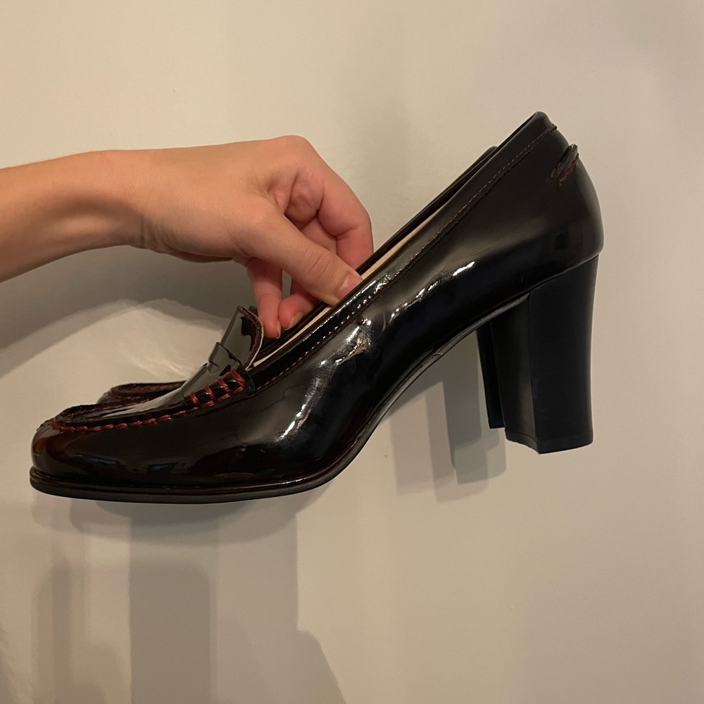 Michael Kors - Burgundy patent leather chunky heeled loafers.